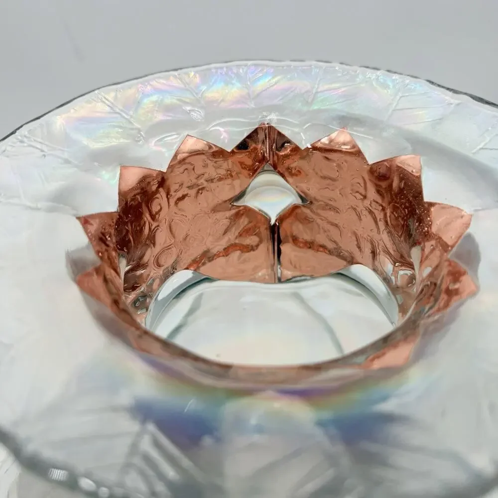 Silvestri Mouth Blown Iridescent Glass Vase with Copper Tone Collar 11.5